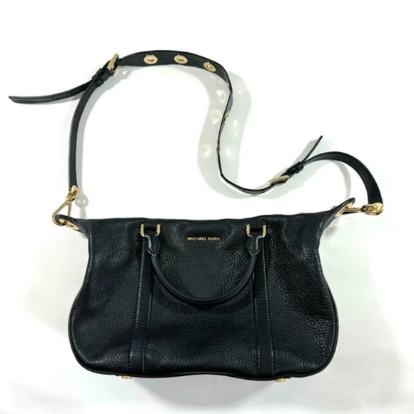 Michael Kors Raven Leather Satchel Bag Purse Black Grommets - Picture 1 of 11